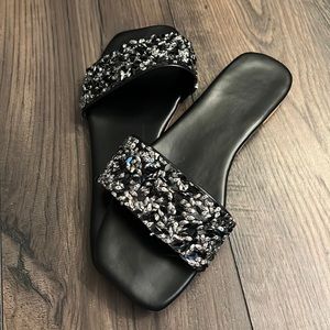 Cutest Sandals, black beaded glitter slip ons size 10